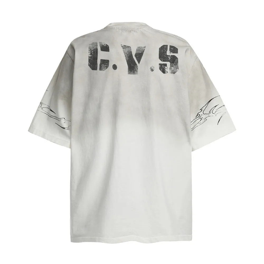 Men's black and white pure cotton printed short-sleeve t-shirt laid flat.