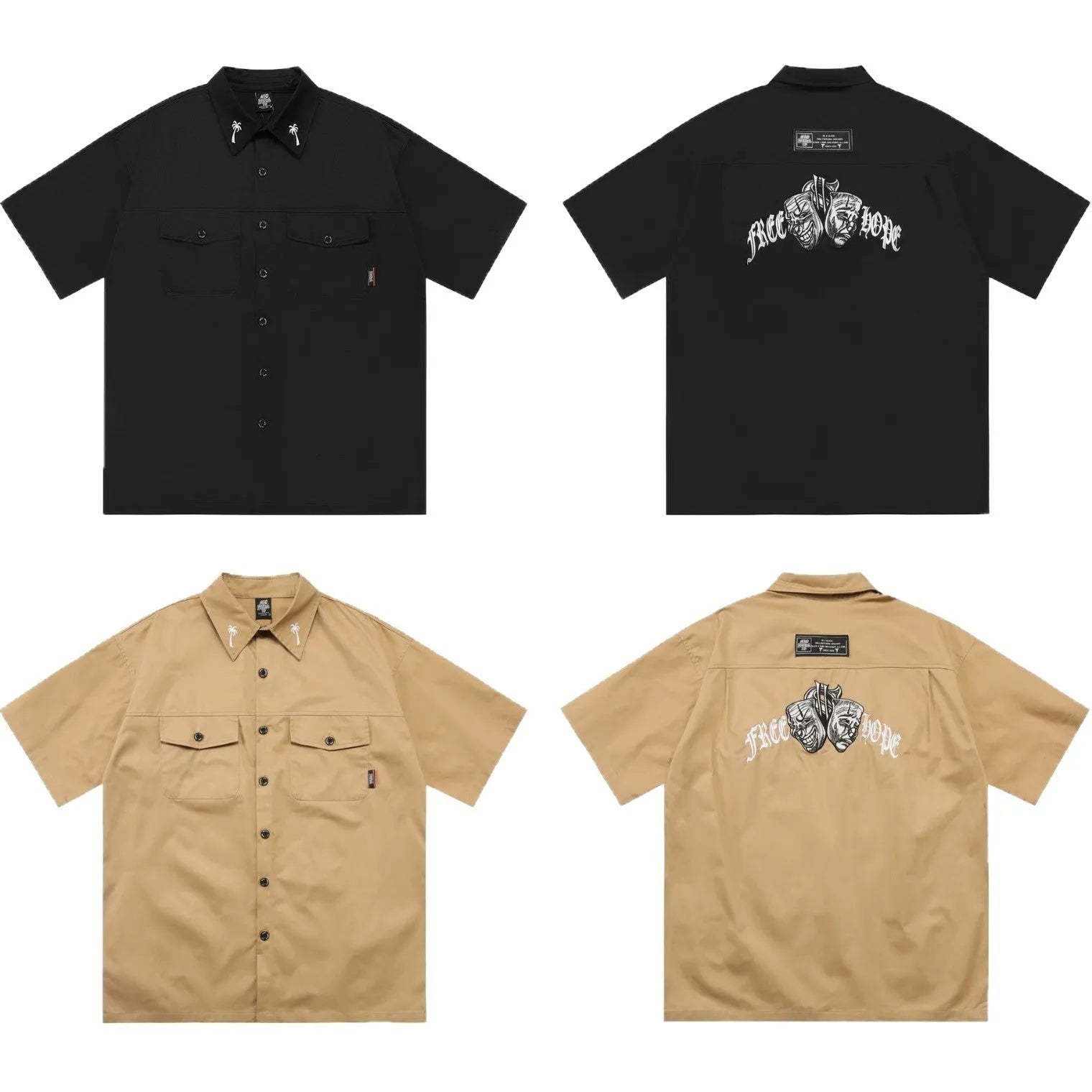 Men's black loose-fit cotton blend shirt with chest pocket and embroidered design on half sleeve.
