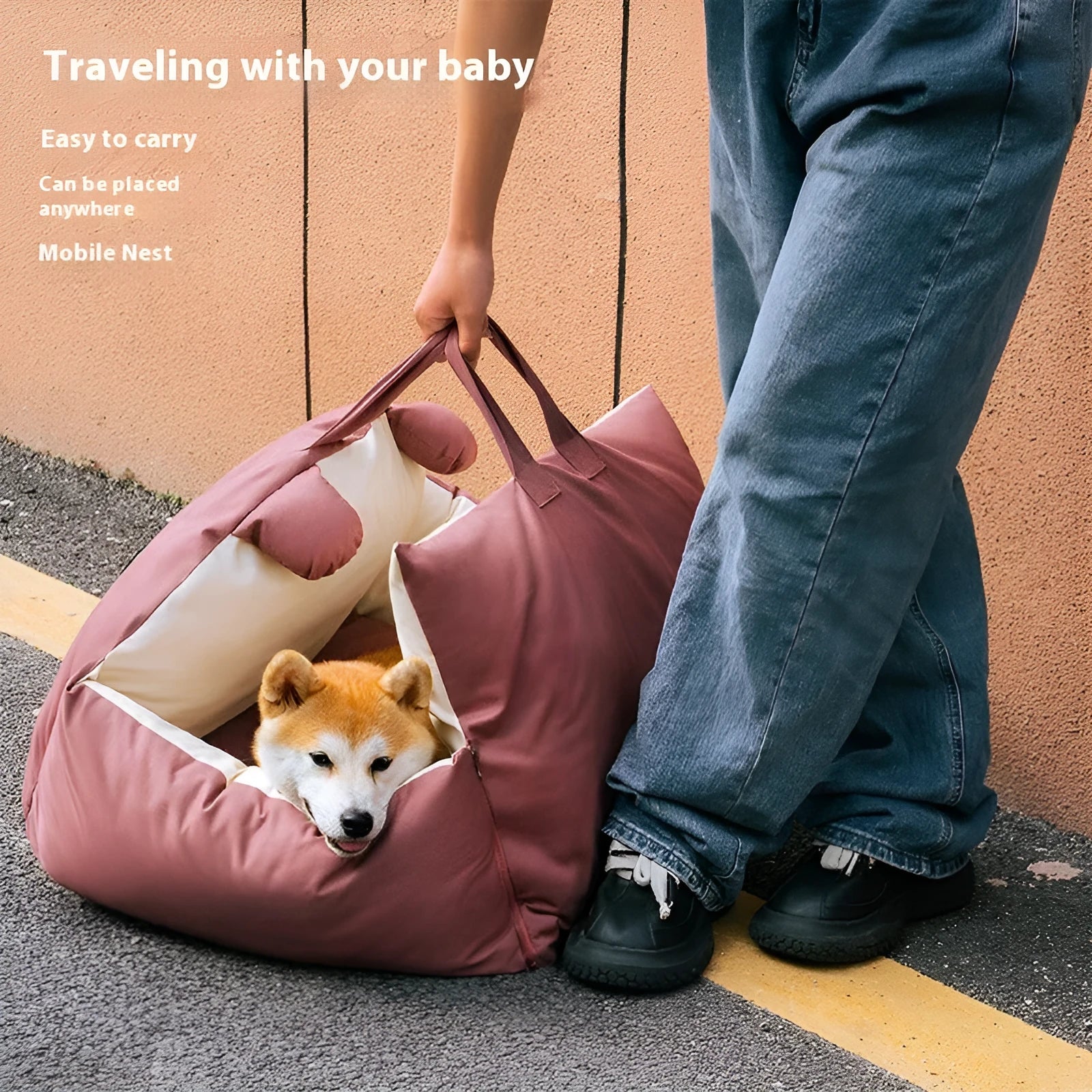 Removable washable dog car kennel in beige, shown in Medium and Large sizes for vehicle travel safety.