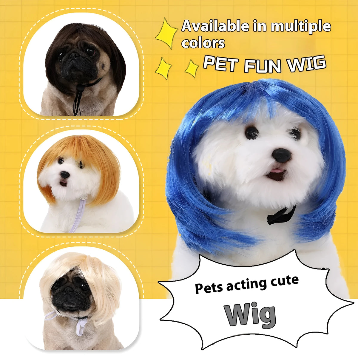 Halloween pet wig for cats and dogs in high-temperature fibre, shown in blue, natural, orange, red and silver colour options