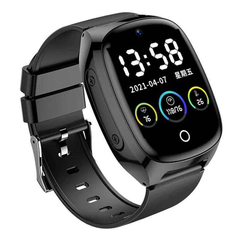 Black GPS smartwatch for children with 1.54-inch touch screen showing location tracking interface