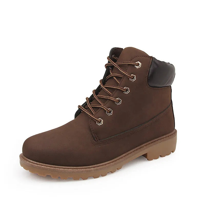 Men's pink Martin boots with velvet lining, round toe design and front lace-up closure