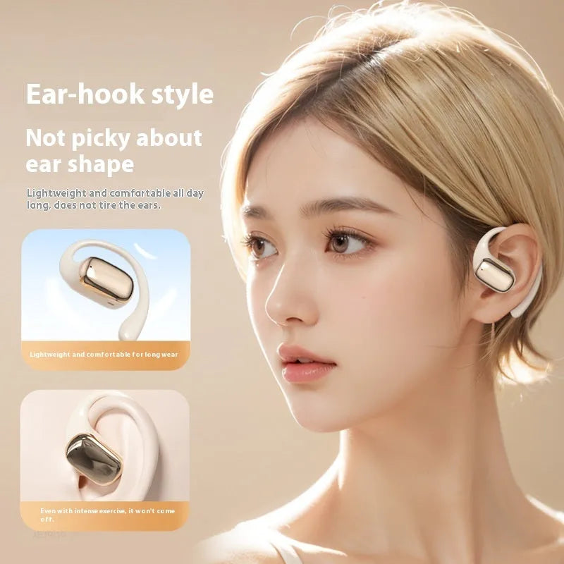 Ear-mounted wireless headphones in black colour with a small digital display screen on the side