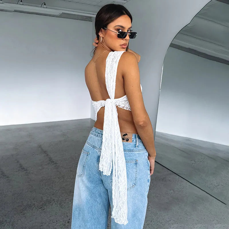 Women's lace backless polyester vest top with asymmetrical neckline in solid colour