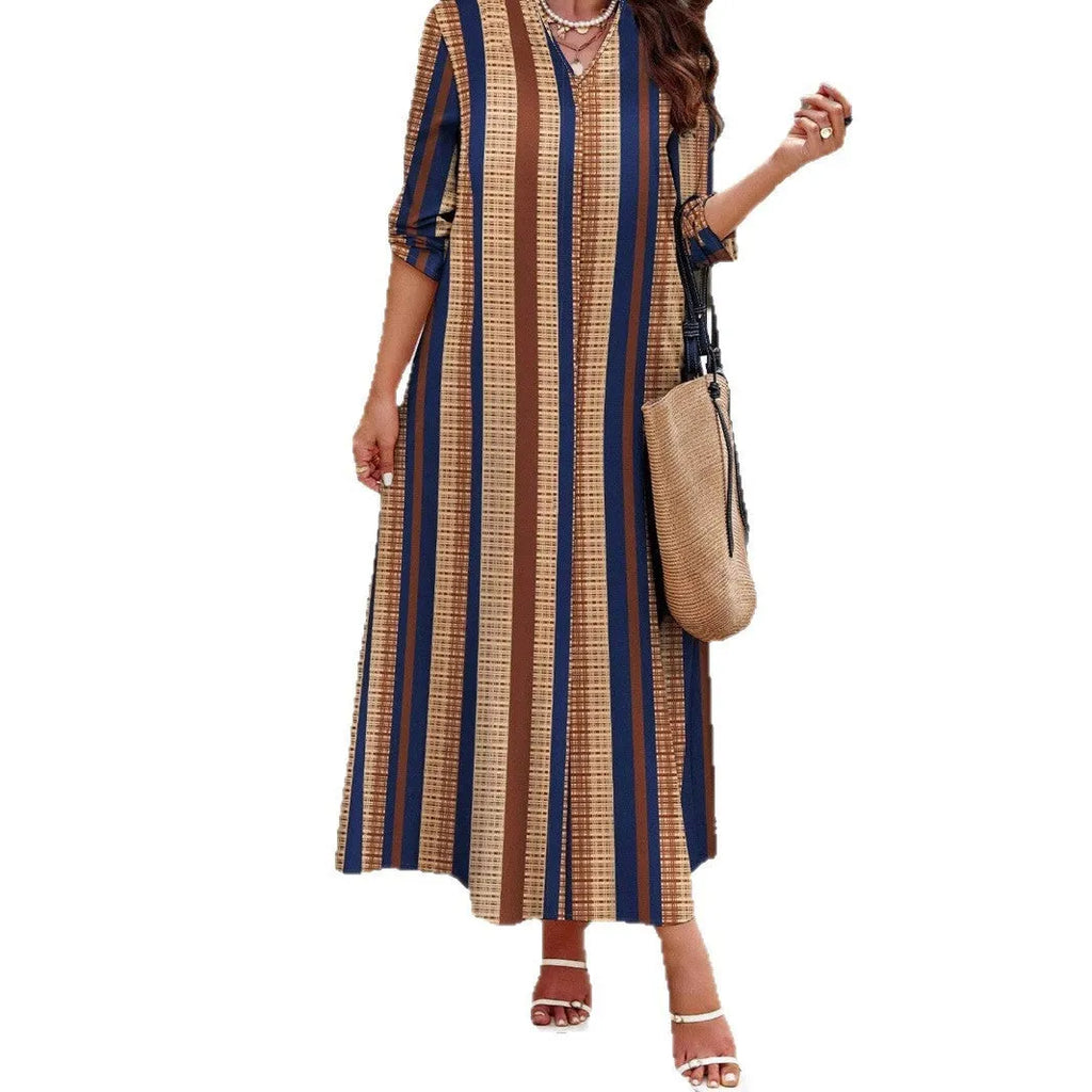 Women's camel coloured vertical striped V-neck long dress with A-line skirt and long sleeves