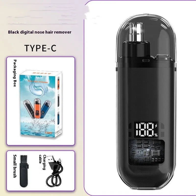 Rechargeable nose hair trimmer with digital display in black, blue or orange colours