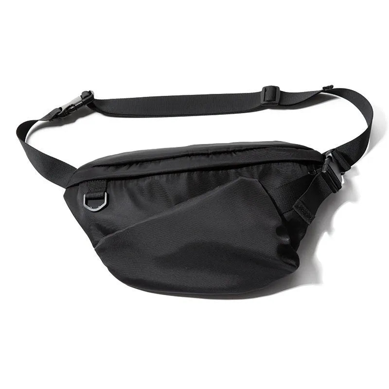 Black men's chest bag with slanted design showing oxford fabric and sewing lines