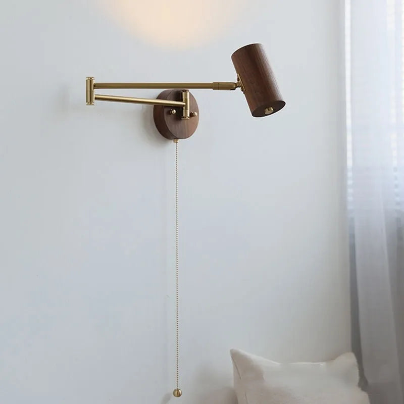 Retro wall lamp with rotating long arm in walnut wood and ash iron finish with pull chain switch