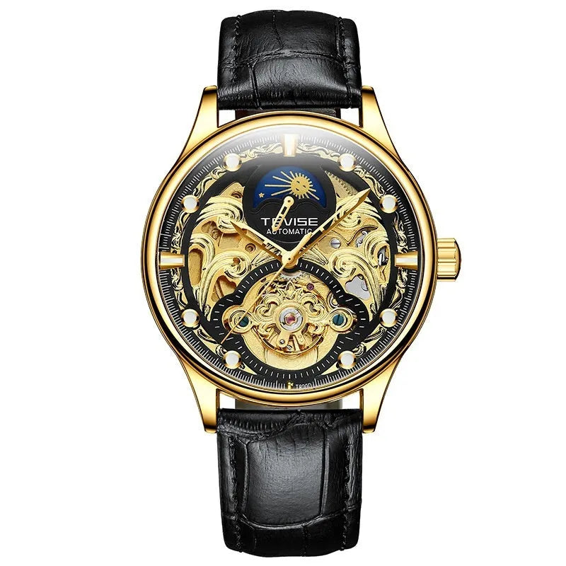 Men's automatic mechanical watch with waterproof case and leather strap in gold or white colour options