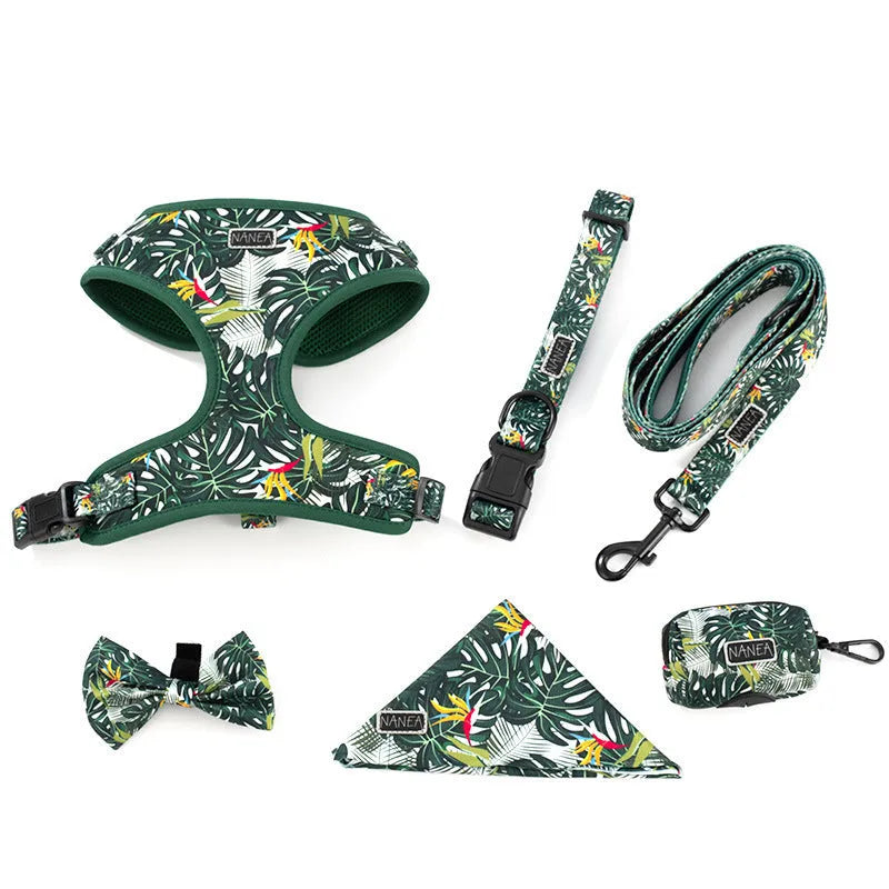 Six-piece adjustable pet vest harness set with haulage rope, collar, waste bag, bow tie, and triangle scarf.