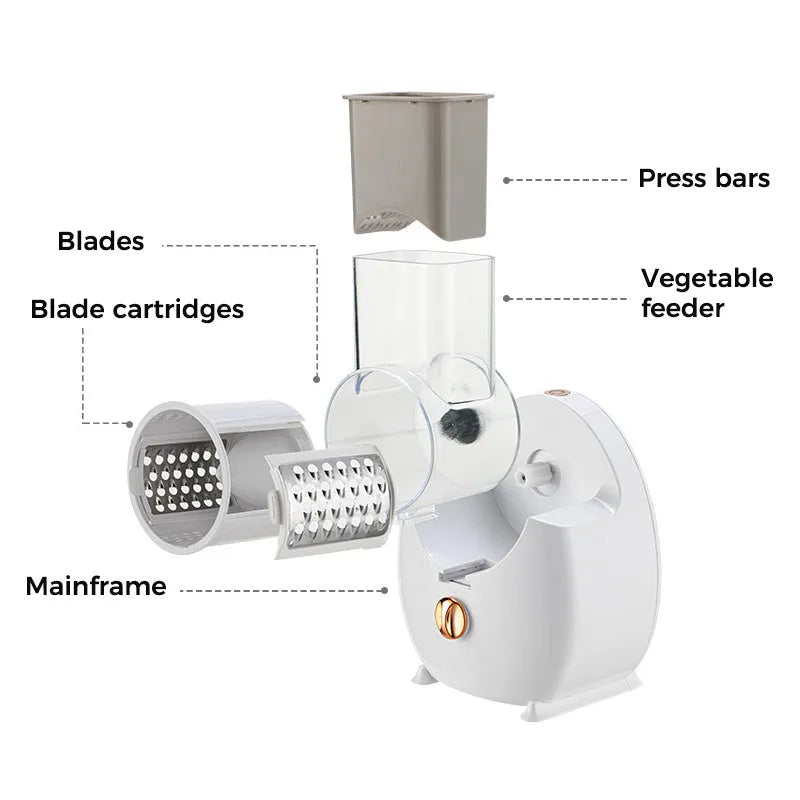 White electric vegetable slicer with suction base and interchangeable blades for automatic cutting