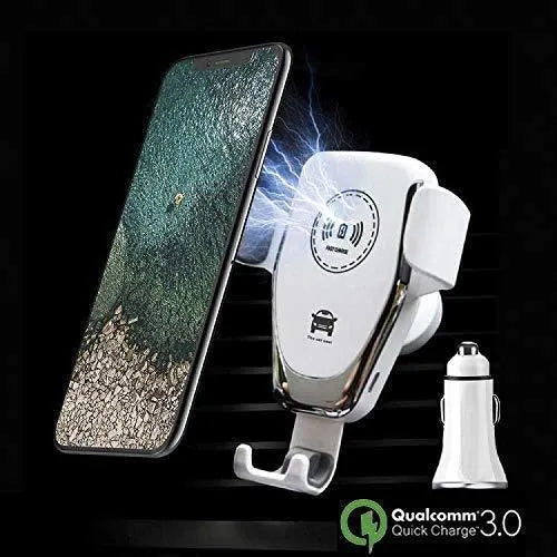 Black wireless car charger with automatic clamp mounted on vehicle vent holding Apple iPhone