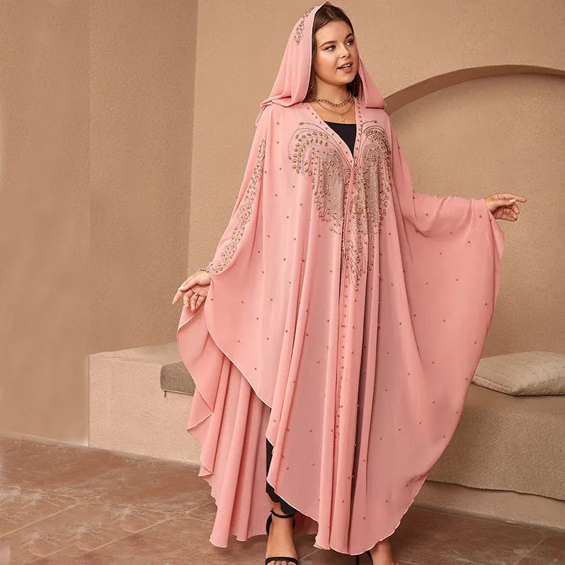 Purple chiffon shawl with rhinestone beading, styled as a cape, showing its long 135-175cm length.