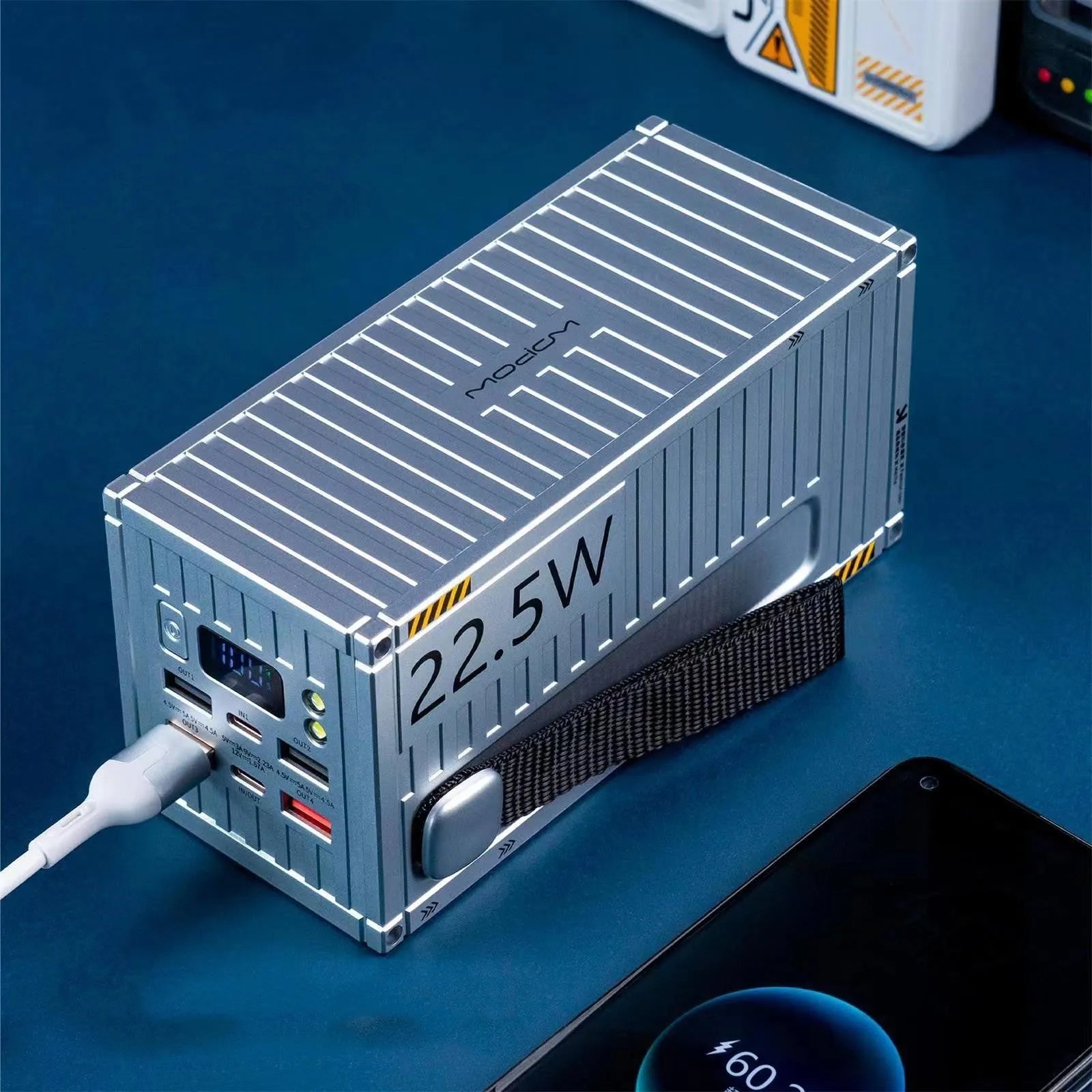 Yellow, black, and silver 50000mAh outdoor power bank with digital display and five output ports