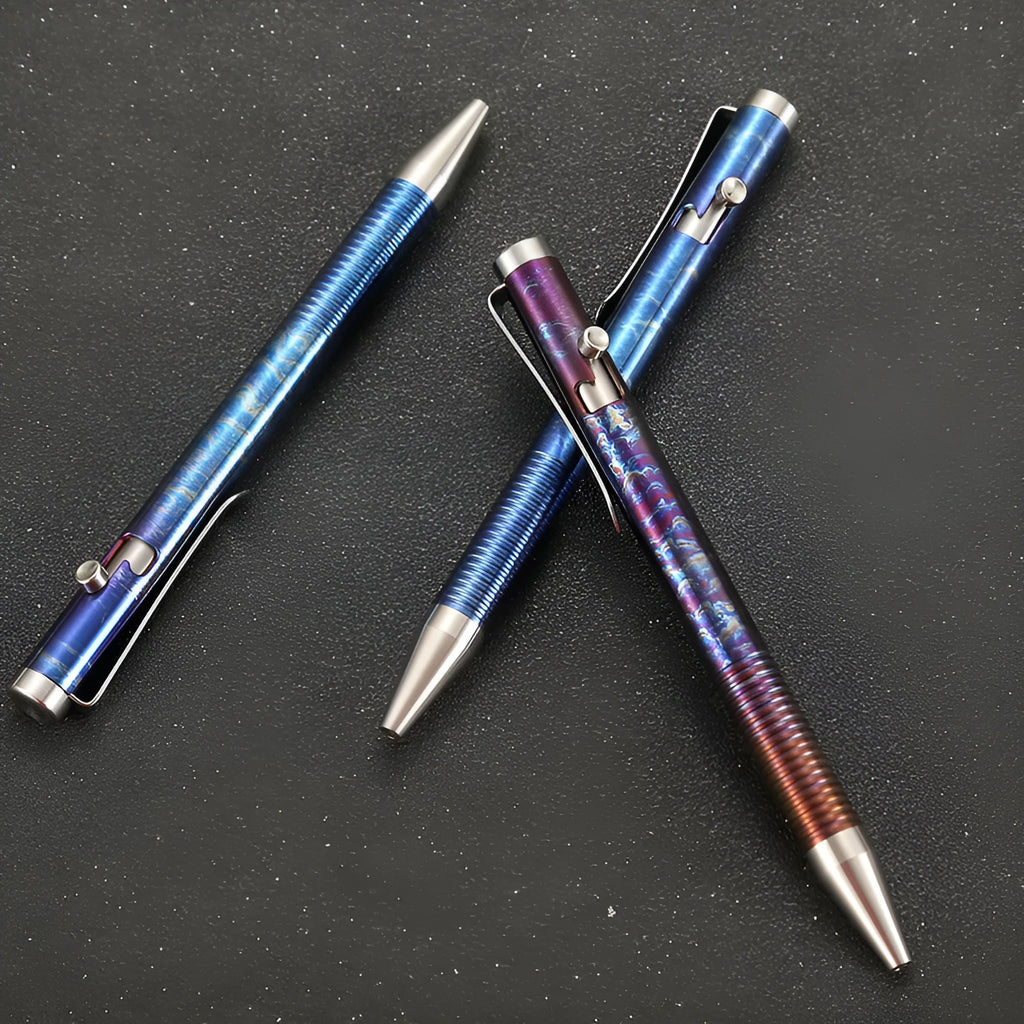 Titanium alloy bolt handle ball pen with phantom colour finish showing dimensions