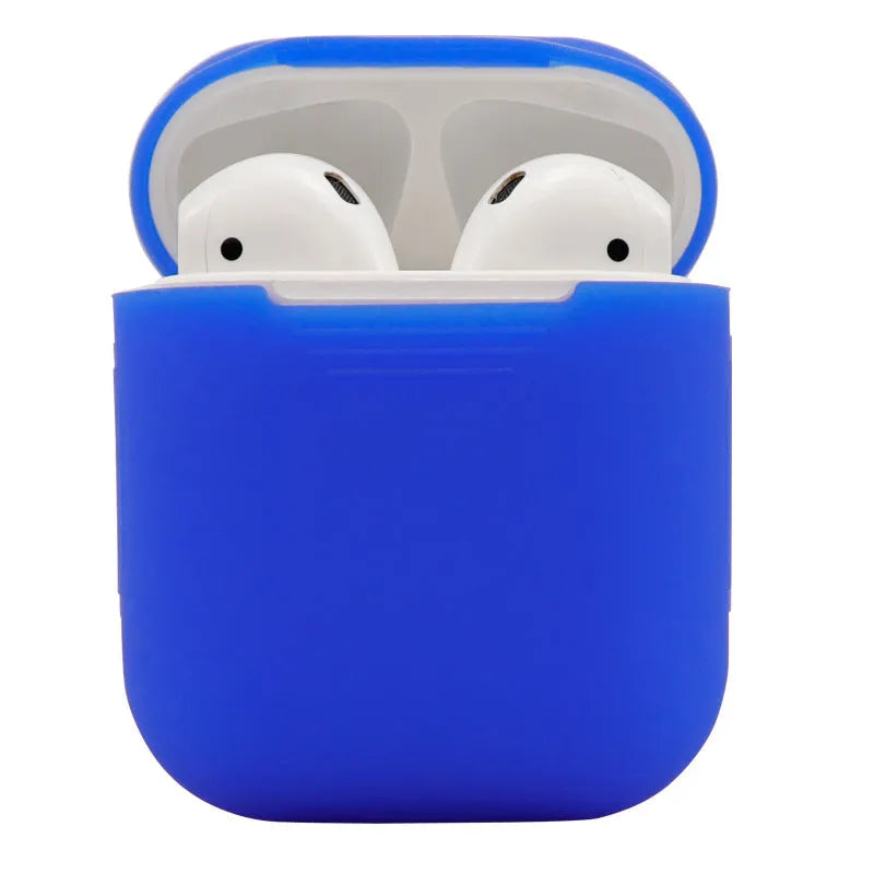 Silicone protective case for AirPods 2 wireless earbuds in assorted colours on a white background.