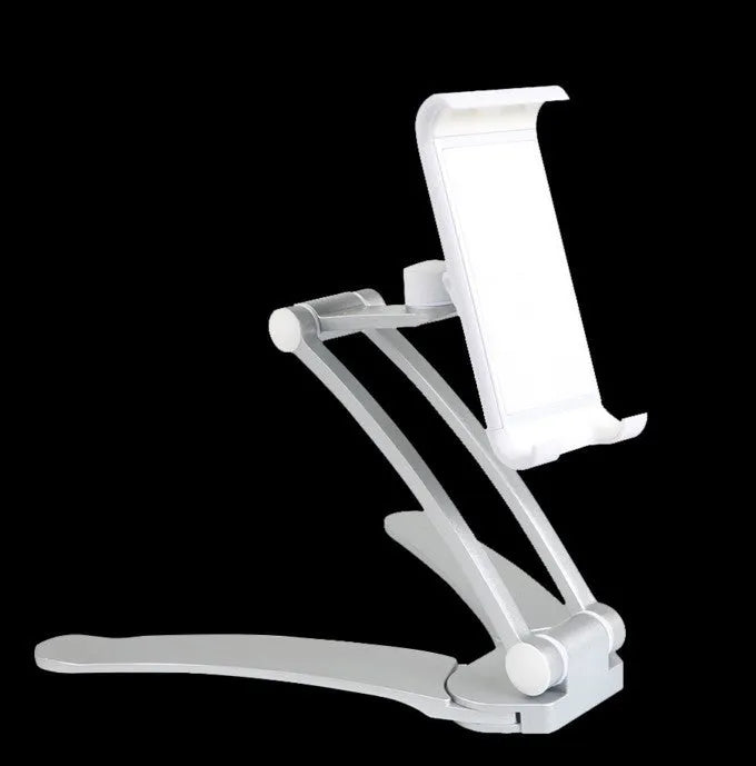 Silver aluminium alloy desktop stand holding a tablet, showing its adjustable clip and mounting base.