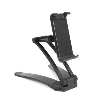 Silver aluminium alloy desktop stand holding a tablet, showing its adjustable clip and mounting base.