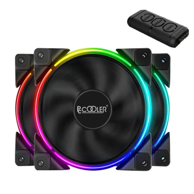 Set of three black 120mm RGB cooling fans for a PC case.