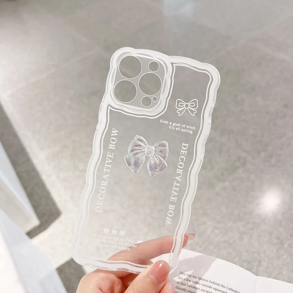 Transparent iPhone case with three-dimensional bow decoration and white love lanyard attached