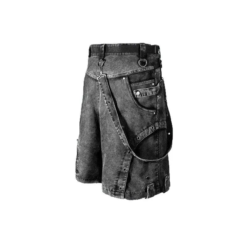 Retro washed denim shorts with high waist and loose fit design in light blue