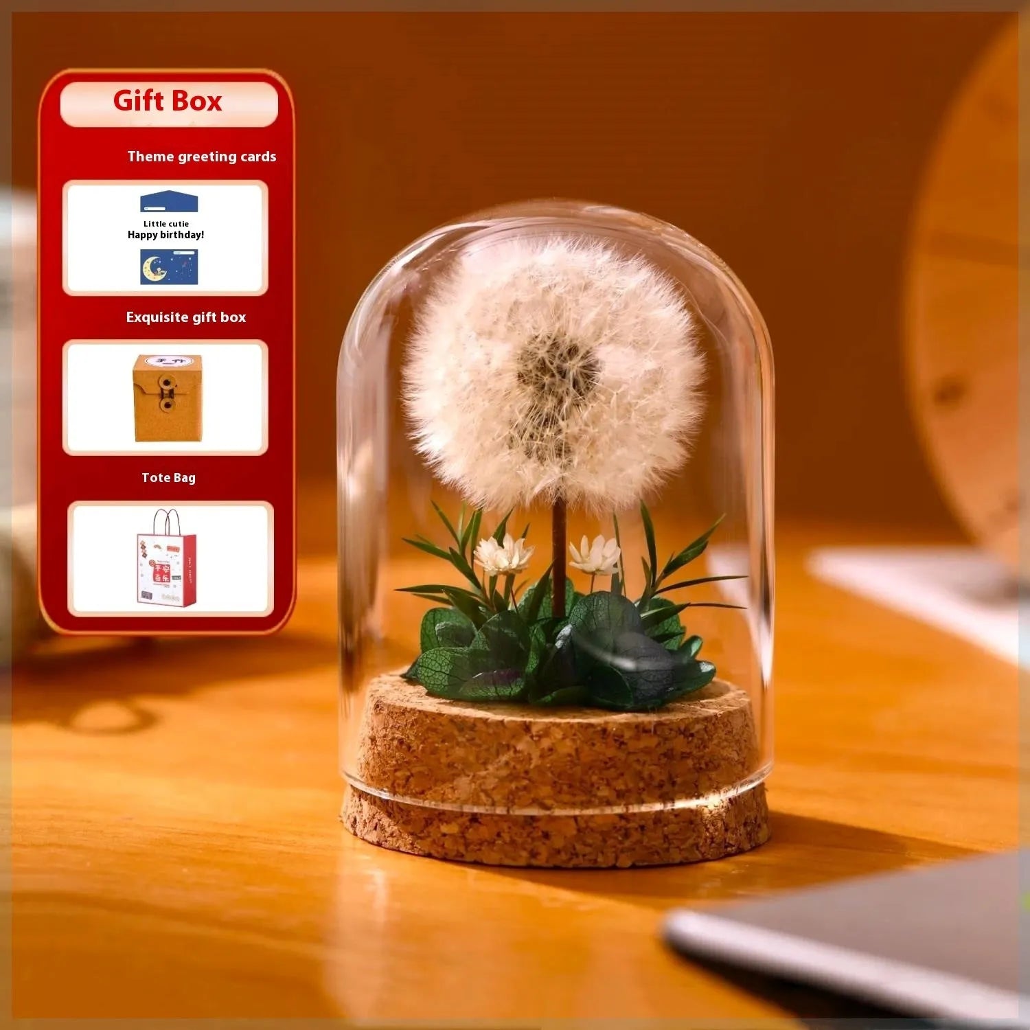 Glass dandelion-shaped night light ornament with gradient colour options on display surface