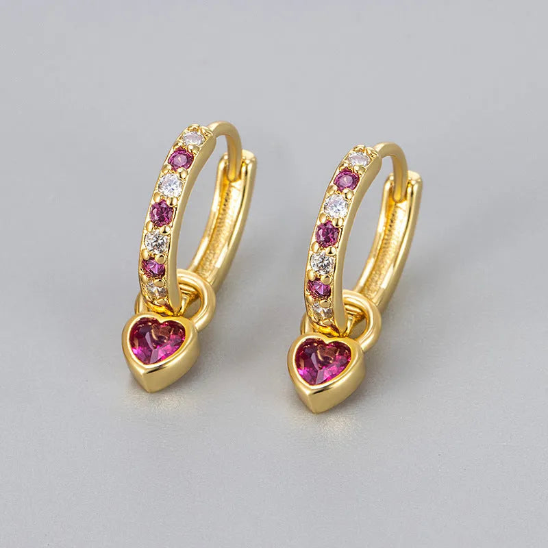 Women's heart-shaped zircon earrings with coloured gemstones in gold or white gold finish