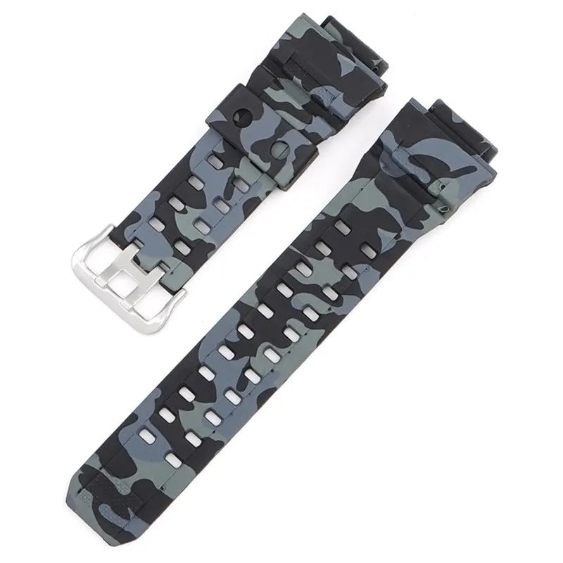 Camouflage pattern TPU rubber watch strap with a silver buckle.