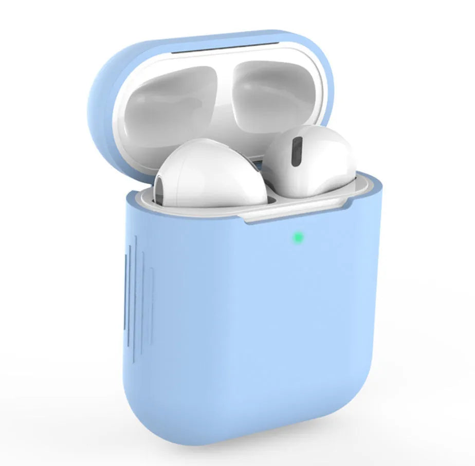 Silicone protective case for AirPods 2 wireless earbuds in assorted colours on a white background.