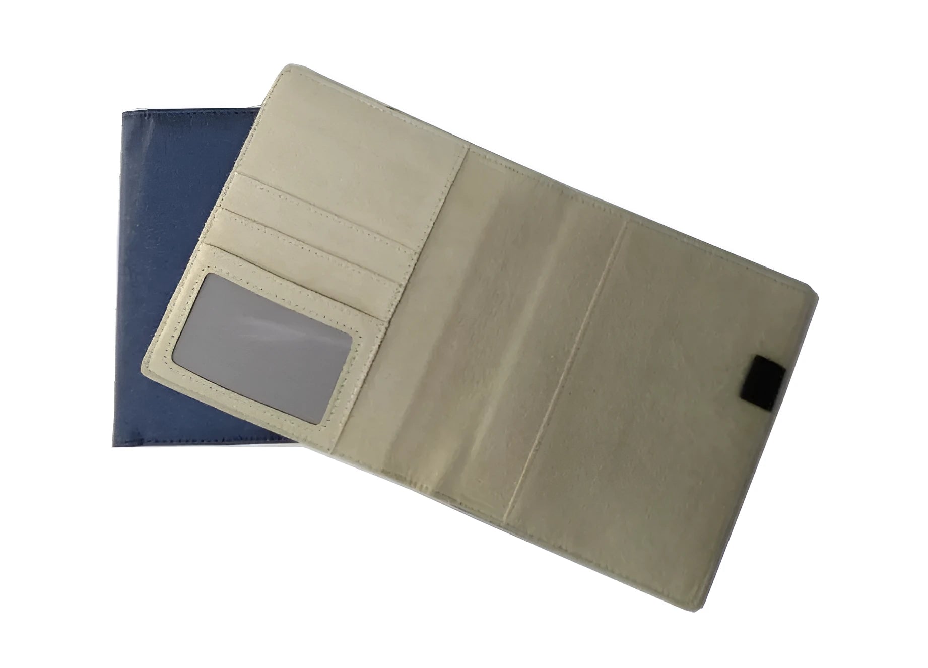 Blue PU imitation leather A5 notebook shell with linear design, shown with PP bag.