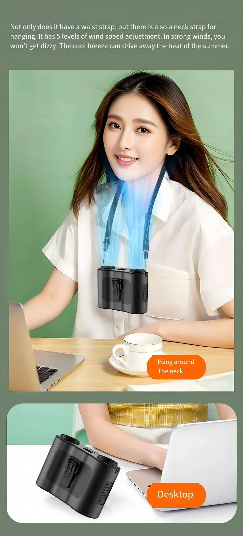 Grey waist-hung portable personal fan with lanyard, showing waist buckle and five-blade turbine design.