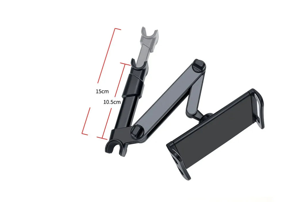 Black car phone holder mounted on rear seat base with universal tablet cradle