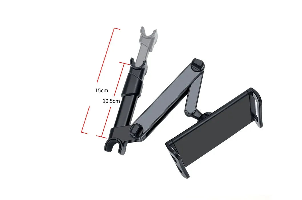 Black car phone holder mounted on rear seat base with universal tablet cradle