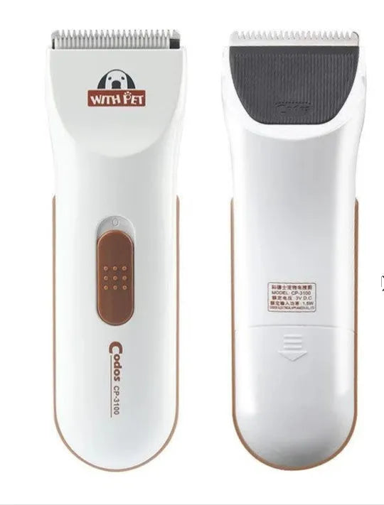 White electric pet hair clipper with ceramic blade on a table