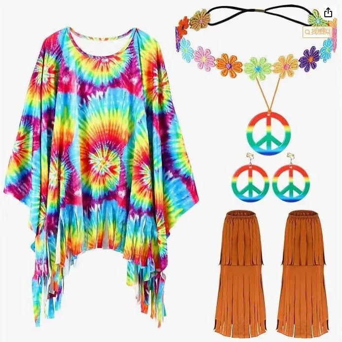 Colourful tie dye cloak costume with rainbow printing and bell sleeves for Halloween parties