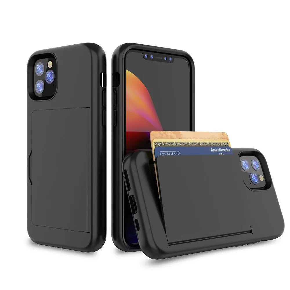 Simple solid colour TPU and PC back cover case for iPhone 11 models in black, red, pink, blue, dark blue, and purple.