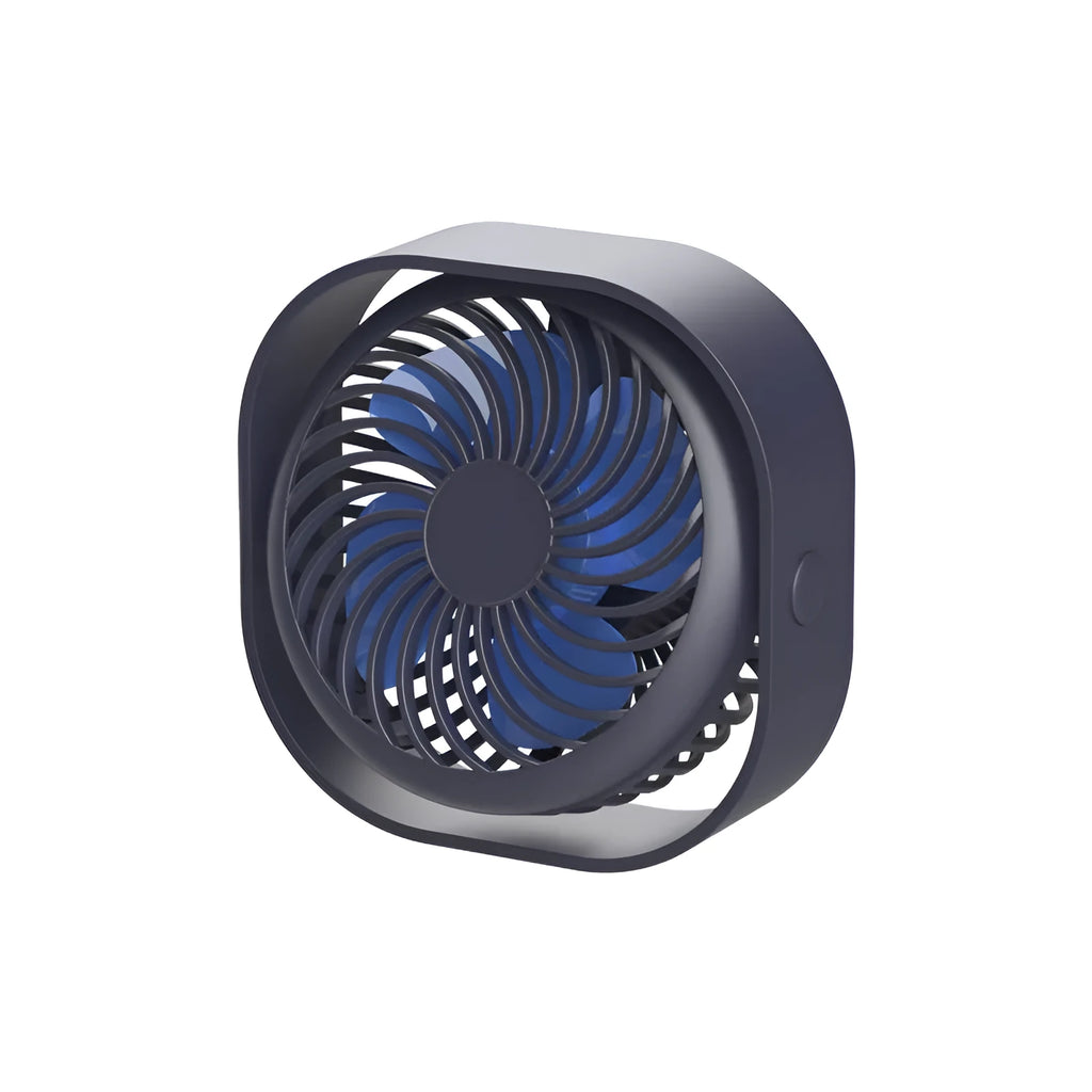 USB-powered alarm clock style desk fan with rotating head in blue, pink, white, or green.