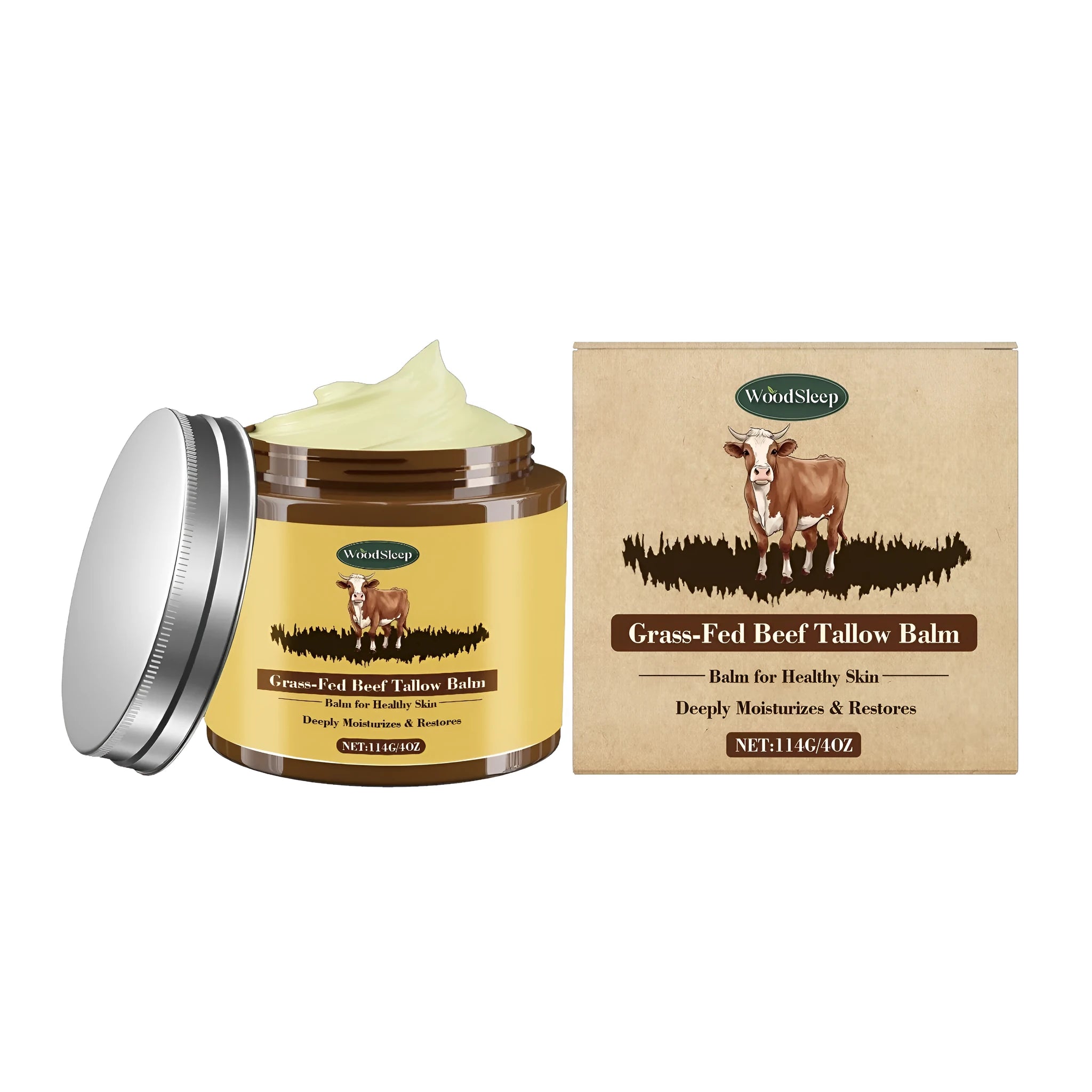 A 114g jar of Cow Fat Skin Care Cream, a moisturising cream for face and body.