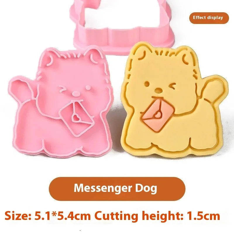 Plastic 3D biscuit mould with cartoon puppy designs including birthday hats and swimming rings