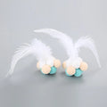 Cat toy feather wand with colourful pink and blue white feathers and a bouncy ball.