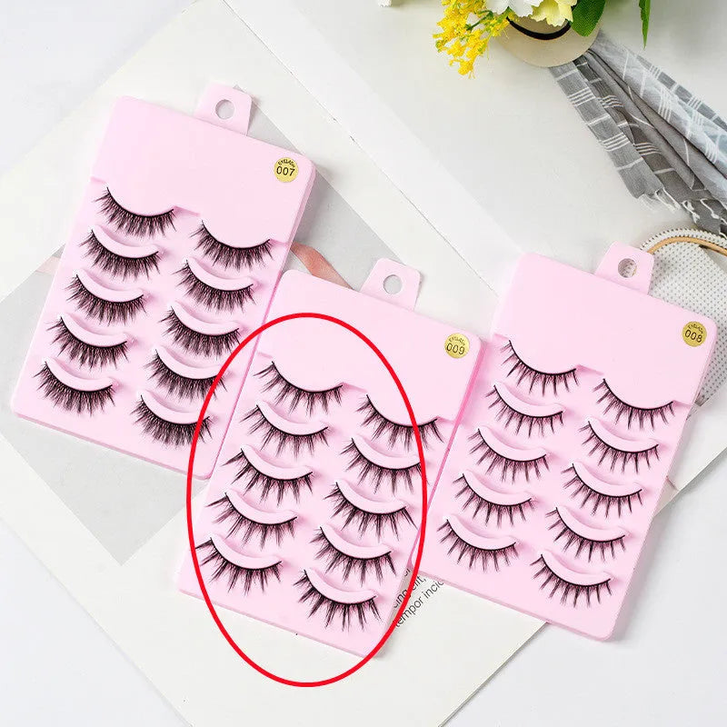 Set of manga-style false eyelashes in three wispy styles 007, 008, and 009 with black plastic bands.