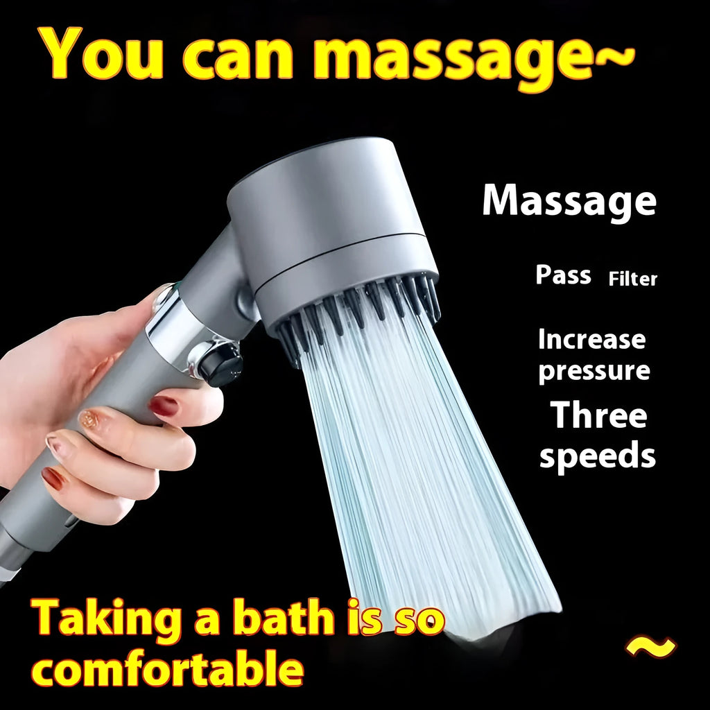 Portable massage shower head with third gear adjustment for spray, massage, and rain functions