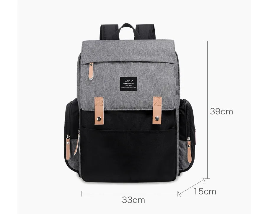 LAND Mommy MPB86 large grey oxford cloth diaper backpack with shoulder straps and changing mat.