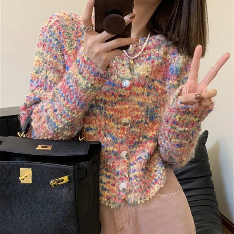 Retro style knitted rainbow cardigan in pink or green with free size slim fit