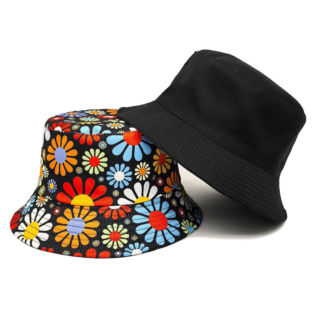 Colourful flowers print bucket sun hat with dome crown in medium size