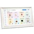 White 15.6 inch smart digital photo frame showing family photographs on Full HD display