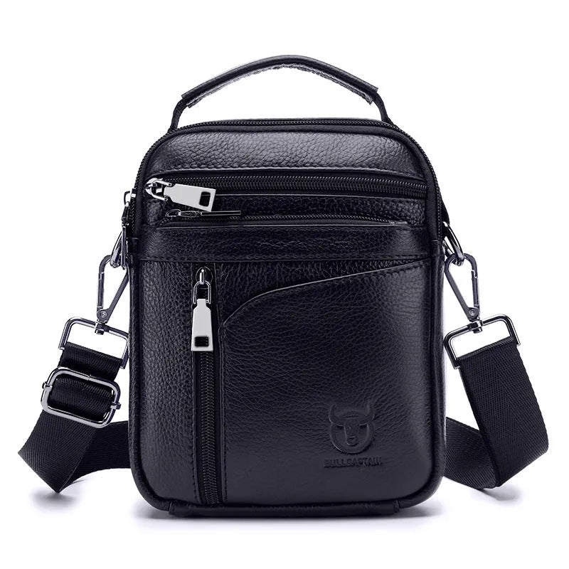 Black genuine leather men's retro style shoulder messenger bag