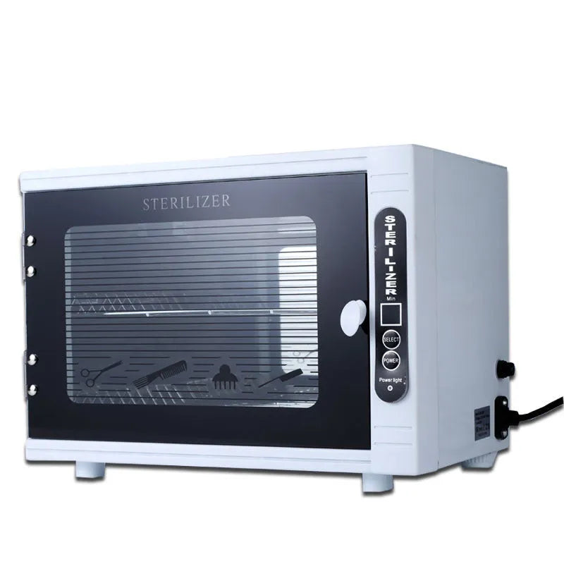 Small silver ultraviolet steriliser unit with stainless steel inner chamber for beauty tool sanitation.