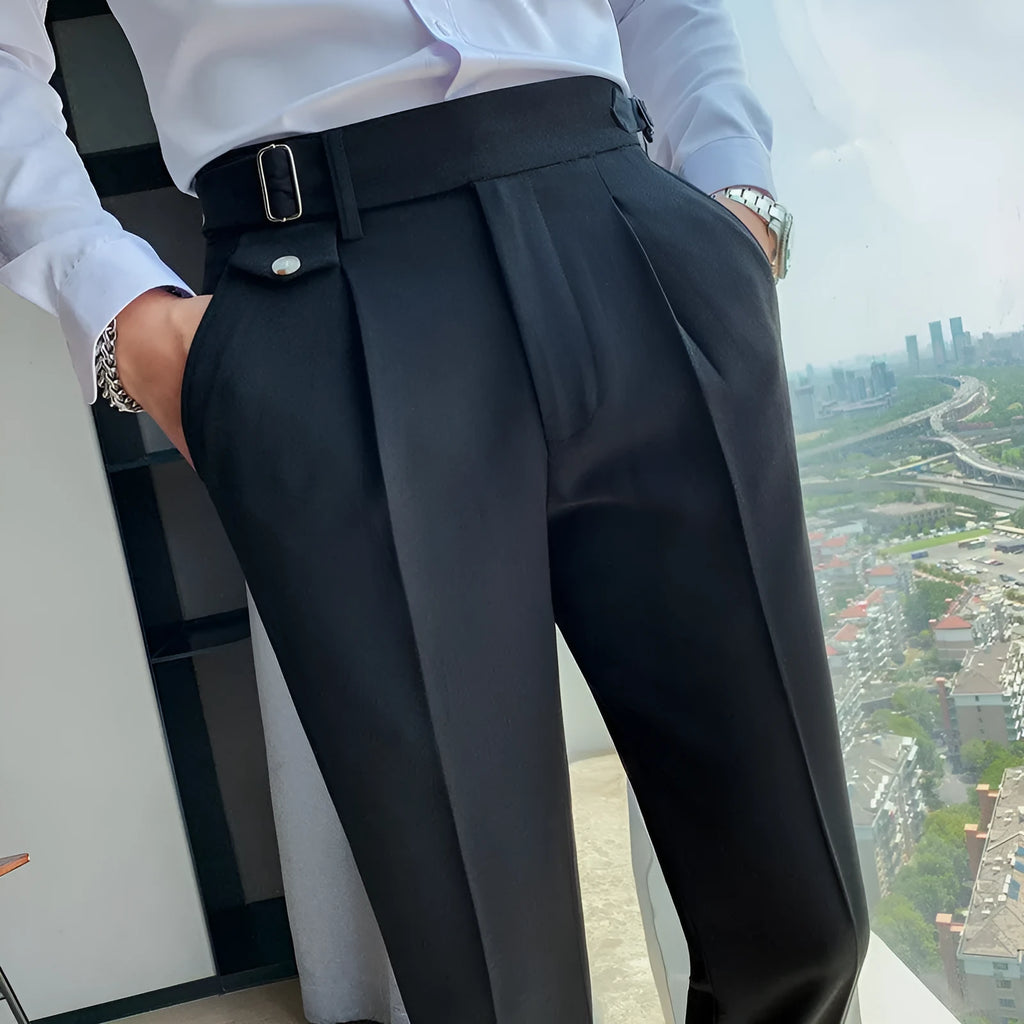Straight leg casual trousers in polyester fabric showing multiple colour options and sizing from 29 to 36
