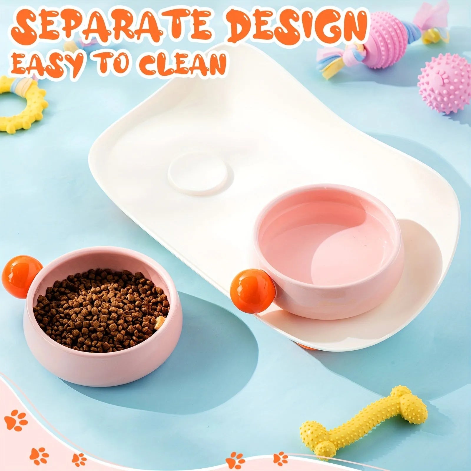 Elevated ceramic pet feeding bowl set with two bowls on raised platform